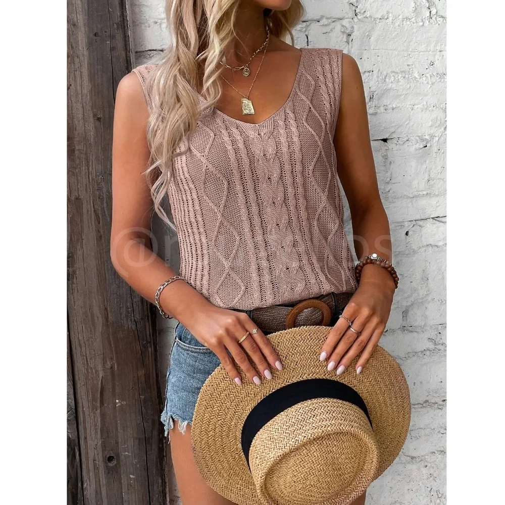 Dusty Pink Knit Tank Top V-Neck Sleeveless - Picture 4 of 8